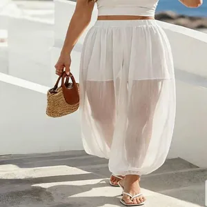 Weiße Netz-Pluderhose für Damen, halbtransparent, lockere Passform, Sommerurlaub