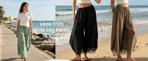 Vue détaillée du pantalon large pour femmes avec dentelle élégante et cordon de serrage.