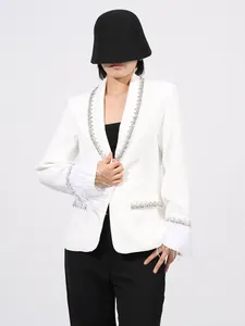 Elegant white blazer featuring feather-trimmed cuffs and sparkling crystal lapel accents