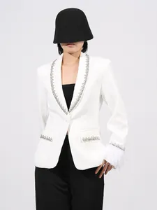 Elegant white French style blazer featuring rhinestone trim and delicate feather cuffs