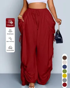 Comfortabele rode viscose harembroek met hoge taille, trekkoord en zakken voor dames