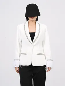 Elegant white French style blazer for women with rhinestone trim and feather cuffs.