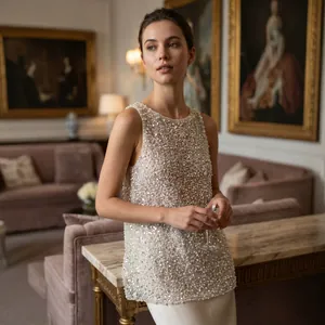 Women Luxurious Sequin Artificial Pearl Embroidered Sleeveless Tank Top Elegant Summer Polyester Vest Party Banquet Top