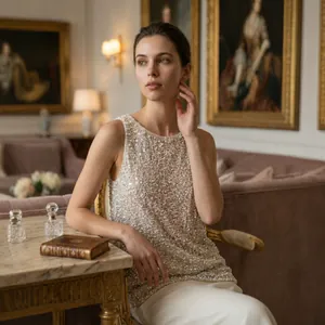 Elegant sleeveless top for women featuring pearl and sequin embellishments for luxury style