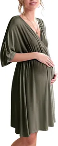 Robe de maternité vert olive avec col en V et manches chauve-souris pour allaitement