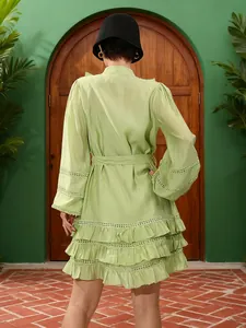 Vista posteriore di un elegante abito verde a maniche lunghe con volant e cintura