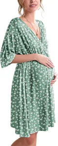 Robe de maternité fleurie verte avec col en V et manches chauve-souris élégantes pour allaiter.