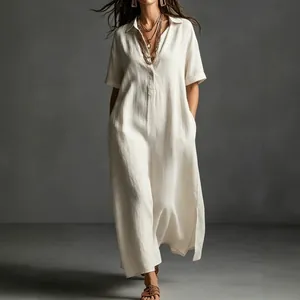 Elegant cream cotton linen maxi dress featuring a V-neck and short sleeves for summer
