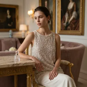 Elegant white sleeveless vest with intricate sequin and bead embellishments