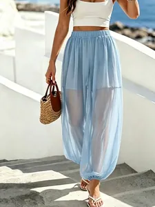 Hellblaue, durchsichtige Mesh-Pluderhose für Damen mit lockerer und fließender Passform