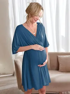 Robe de Maternité Col en V Manches Chauve-Souris Robe d'Allaitement Été Décontractée Courte pour Grossesse