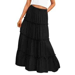 Elegant high waist black tiered maxi skirt with subtle ruffles for casual summer wear