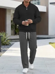 Casual waffle knit half-zip sweatshirt and matching joggers set shown on male model