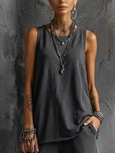 Macro view of the dark grey sleeveless tank top showing fabric texture and round neckline