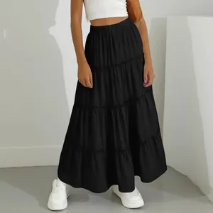 Detail view of a black tiered maxi skirt with elastic high waist for casual summer wear
