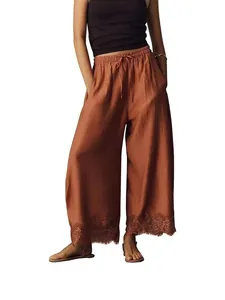 Pantalon large pour femme avec taille élastique et bordure en dentelle élégante