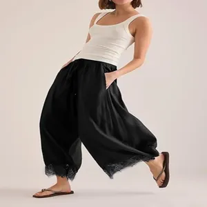 Pantalon large pour femme avec taille élastique et bordure en dentelle élégante