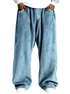 Vue de face du pantalon vintage en velours côtelé bleu à jambes larges pour homme
