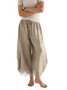 Pantalon large pour femme avec taille élastique et bordure en dentelle beige