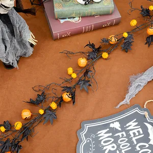 1.8m Halloween black maple leaf garland with mini pumpkins for home party decor