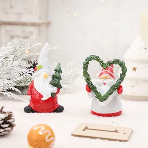 Statuetta Gnomo di Natale Babbo Natale Senza Volto in Resina Con Corona a Cuore Mini Albero per Decorazione Tavola Casa Regalo