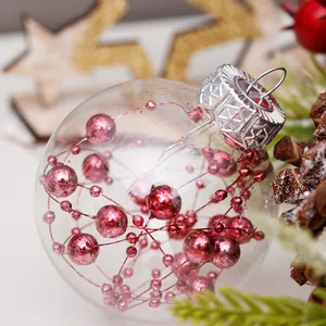 Pallina di Natale trasparente da 6cm con catena di perle rosse per albero di Natale