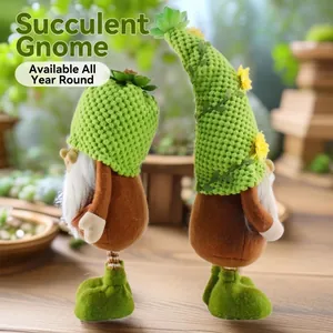 Whimsical pair of green succulent cactus gnome dolls for home garden and shelf decoration