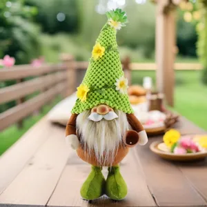 Charming green garden gnome doll with floral knitted hat for seasonal home decoration