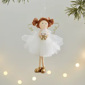 Handcrafted plush angel girl Christmas tree ornament with white tutu and gold wings