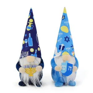 Detailed view of Hanukkah faceless gnomes holding Menorah and Dreidel decorations