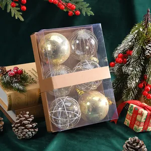 Set of 6 gold and white Christmas baubles in transparent luxury gift box packaging
