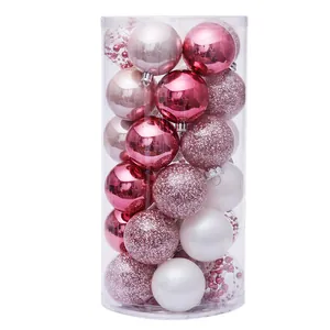 Set di 30 palline di Natale rosa e bianche da 6 cm in un contenitore trasparente.