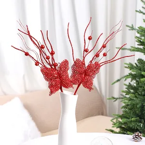Glitter Christmas Bow-knot Berry Pick DIY Artificial Flower Bouquet Accessory For Christmas Tree Decoration Festive Ornament