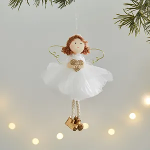 Handmade white angel girl ornament with golden glitter heart for Christmas tree decoration
