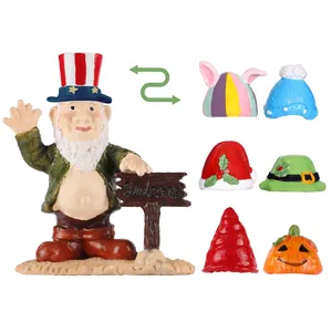 Set de figuras de gnomo de jardín de resina DIY con siete sombreros intercambiables