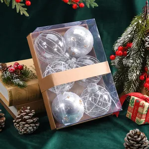Elegant set of 6 decorative white and transparent Christmas ornaments in a kraft gift box