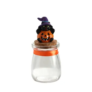 Cute Halloween glass candy jar with resin black cat and pumpkin witch hat topper