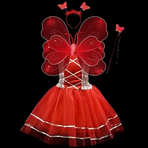 Set costume da fata rosso per bambini con ali di farfalla LED e abito