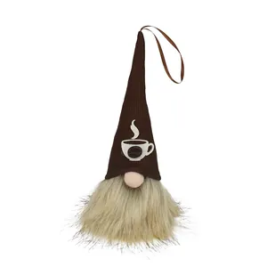 Handmade coffee gnome plush ornament with brown tall hat and coffee cup embroidery