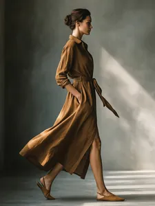French style brown belted shirt collar midi dress with elegant side slit detail
