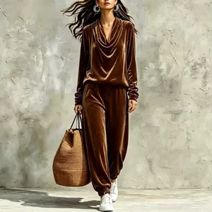 Fashionable brown velvet cowl neck long sleeve top and jogger pants set for women