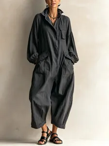 Womens Casual Cargo Jumpsuit Polyester Lapel Long Sleeve Wide Leg Curved Pants Solid Color Utility One Piece Top And Bottom
