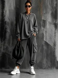 Women's Casual Two Piece Set Polyester Long Sleeve Sweatshirt And Cargo Pants Streetwear Solid Color Loungewear Outfits