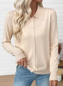 Detailed view of a slim fit beige long sleeve knit cardigan with a classic collar