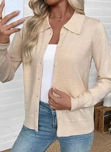 Elegant apricot long sleeve knit cardigan for women featuring a stylish lapel collar
