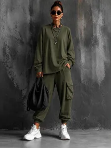 Women's two-piece army green cargo set with long sleeve top and jogger pants.