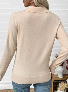 Back view of a slim-fit beige long-sleeved knitted polo shirt for women