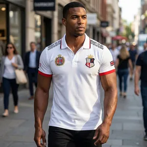 British style white polo shirt with royal heraldic embroidery and shoulder text