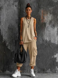 Fashionable street style women's 2-piece cargo pant and sleeveless top set in beige