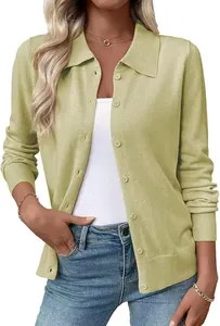 Close-up of a women's light green long sleeve knit cardigan featuring a stylish lapel collar